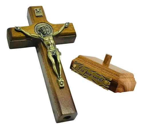 Crucifixo de parede e mesa 12 cm com medalha São Bento