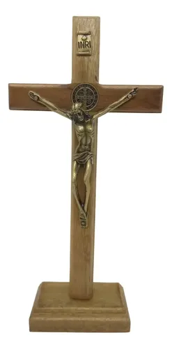 Crucifixo de mesa 21 cm em madeira com medalha São Bento