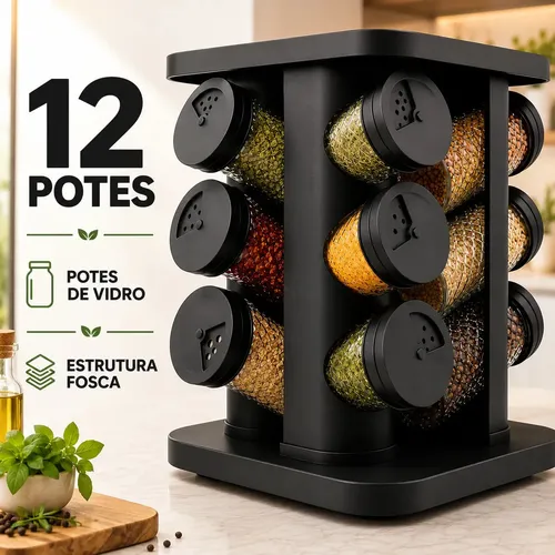 Porta-temperos giratório com 12 potes de vidro
