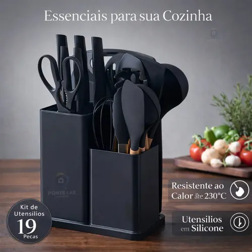 Kit 19 utensílios de silicone com cabo de madeira
